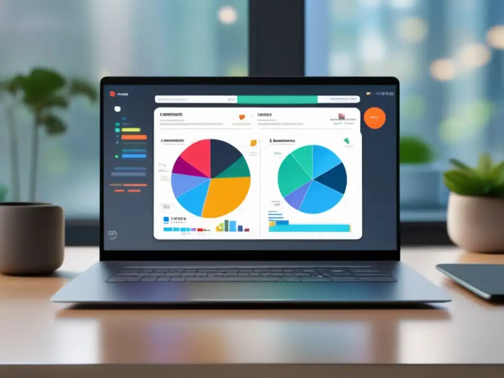 Laptop moderno con dashboard análisis datos y segmentación usuarios, herramientas optimización conversiones marketing afiliados