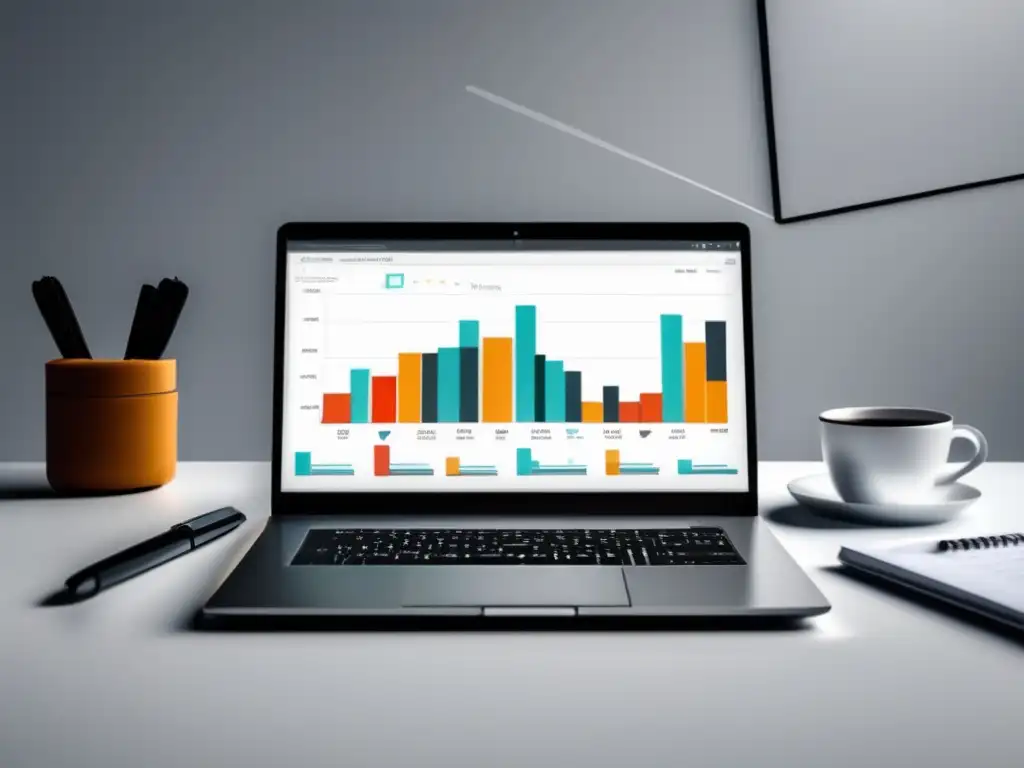 Un espacio de trabajo profesional con un elegante portátil en un escritorio blanco, gráficas y análisis de datos