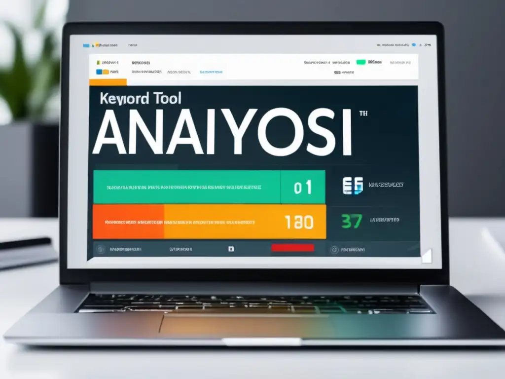 Laptop moderno con pantalla vibrante y herramienta de análisis de palabras clave: estrategias para maximizar ingresos como afiliado