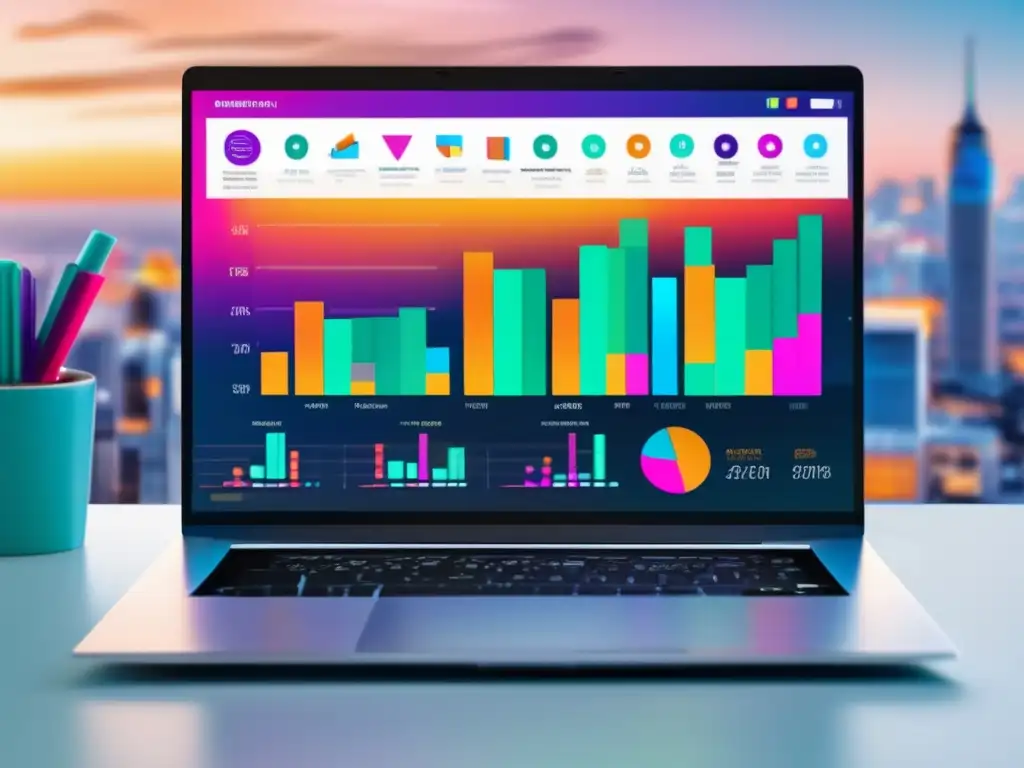 Laptop con gráficos de análisis y datos para marketing de afiliados