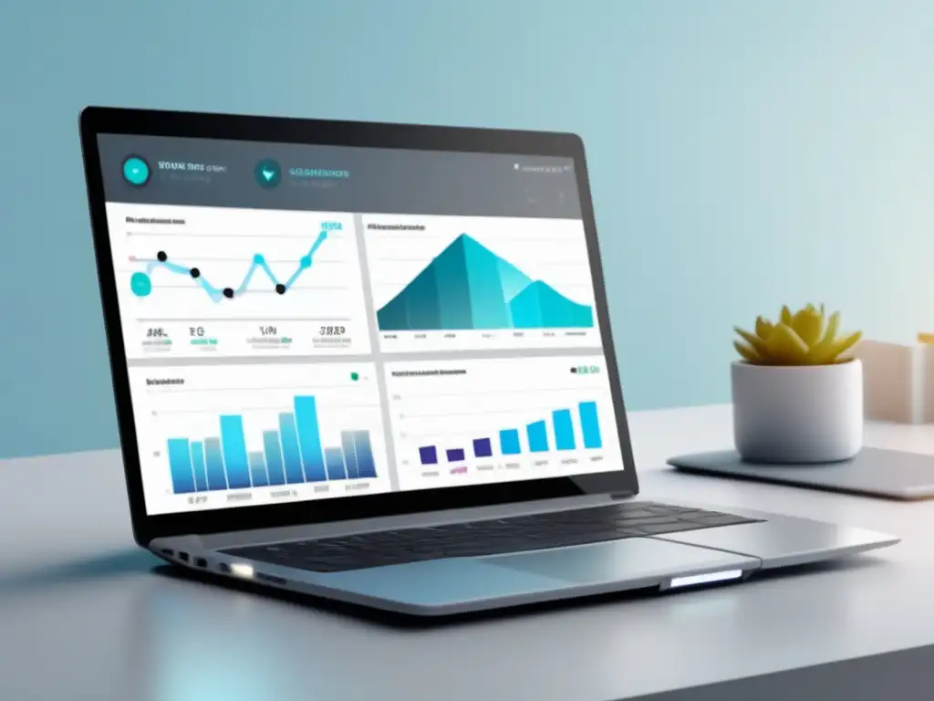 Laptop moderno con pantalla vibrante mostrando un dashboard de analítica en tiempo real