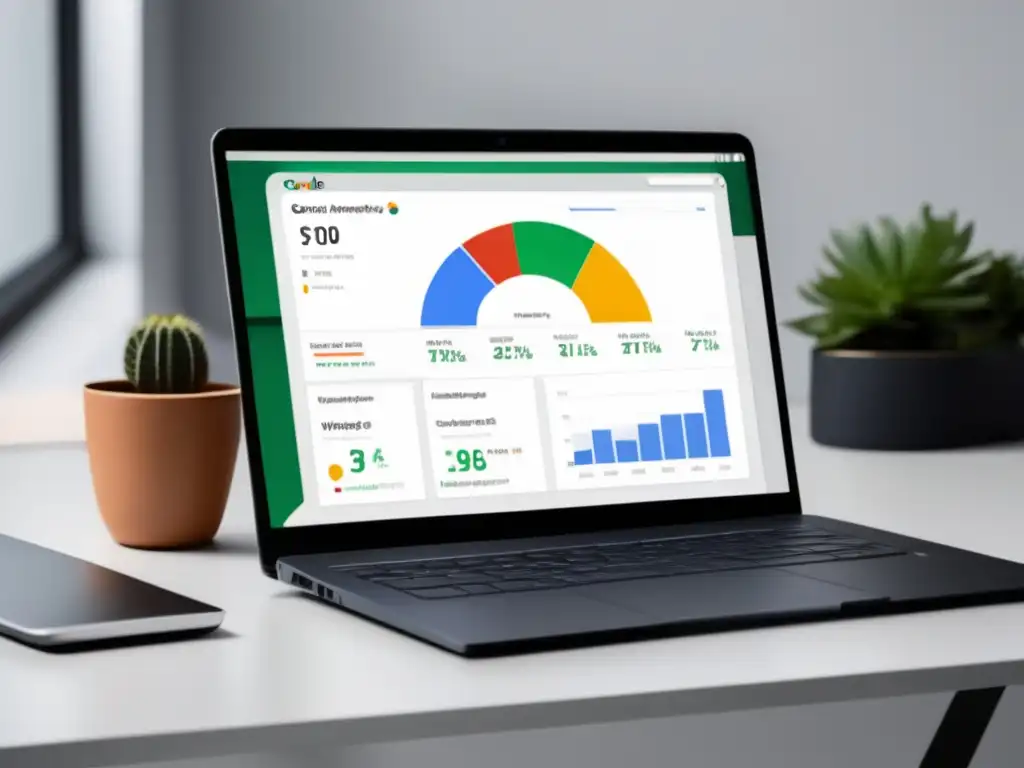 Laptop moderno en escritorio limpio con dashboard Google Analytics