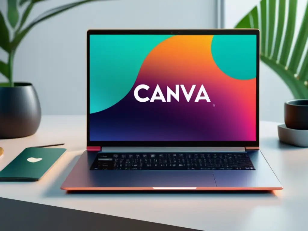 Laptop Canva con gráfico vibrante, características y beneficios del programa de afiliados