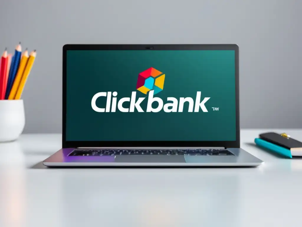 Laptop en escritorio blanco con logo vibrante de ClickBank y elementos de estaciónery