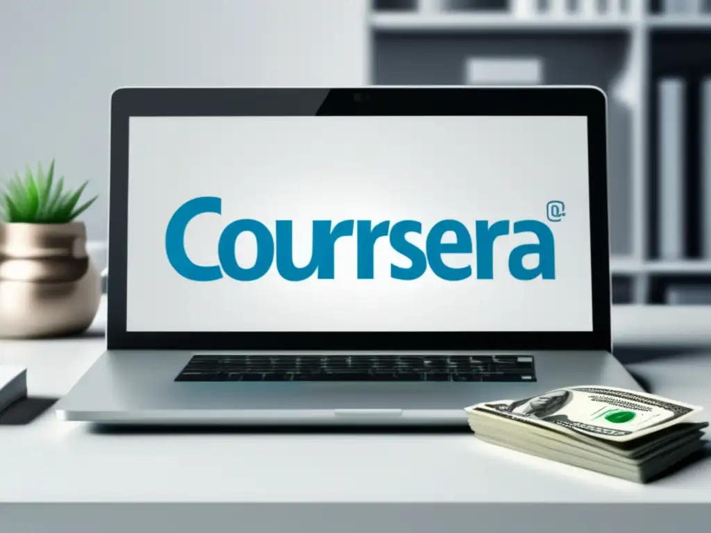 Laptop en un escritorio blanco con logo de Coursera en pantalla, rodeado de dinero, simbolizando el programa de afiliados de Coursera