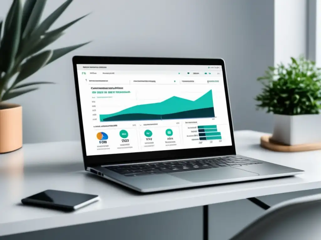 Laptop minimalista y moderno en escritorio blanco con dashboard de marketing de afiliados y estrategias de conversión