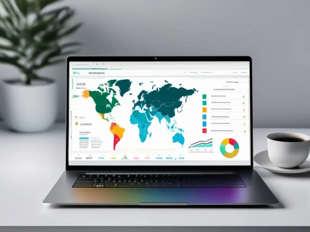 Laptop minimalista y elegante en escritorio blanco, pantalla muestra visualización de datos vibrante y detallada