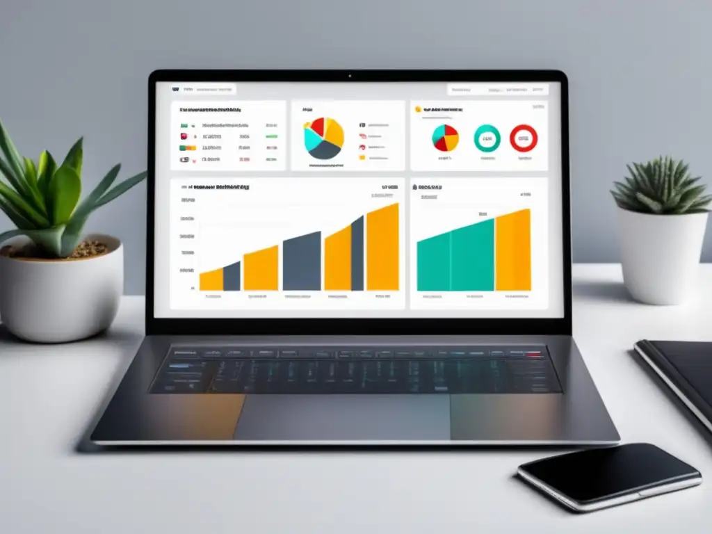 Laptop moderno en escritorio blanco con dashboard de marketing de afiliados: estrategias de marketing de afiliados