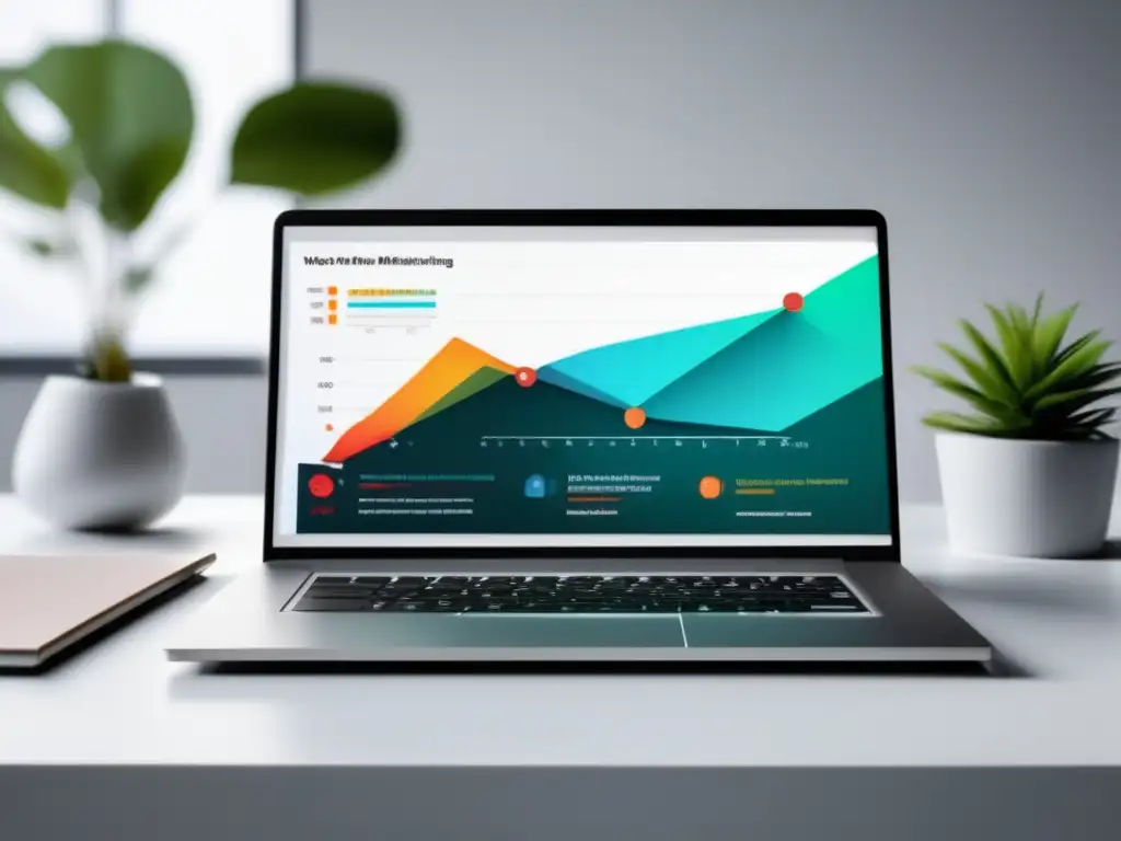 Laptop moderno en escritorio blanco con gráfico de herramienta investigación nichos mercado afiliados