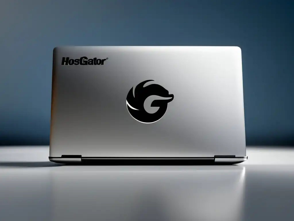 Laptop minimalista de alta resolución con logo de HostGator grabado, en una superficie blanca