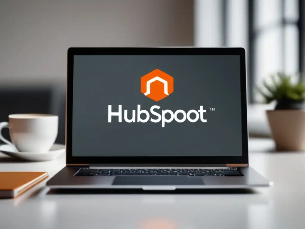 Laptop moderno con logo de HubSpot en pantalla, programa de afiliados de HubSpot en un espacio profesional y organizado