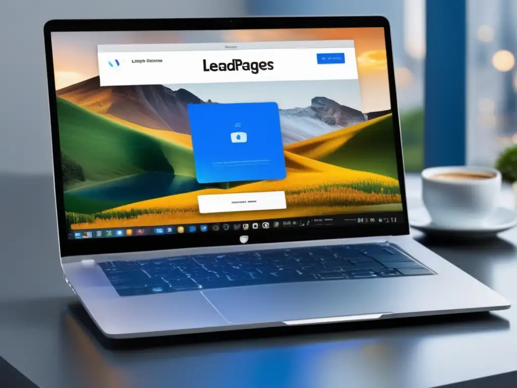 Ventajas del programa de afiliados de Leadpages: diseño minimalista y elegante con pantalla de laptop iluminada en azul vibrante