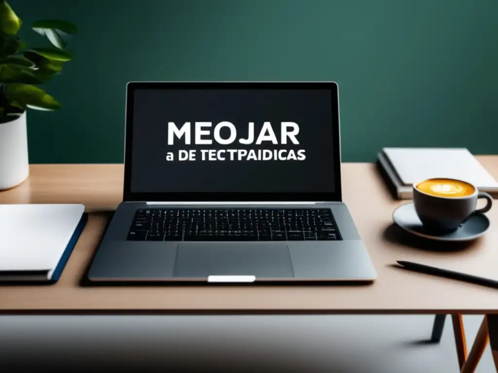 Laptop moderno en un escritorio minimalista con metadescripciones de marketing de afiliados