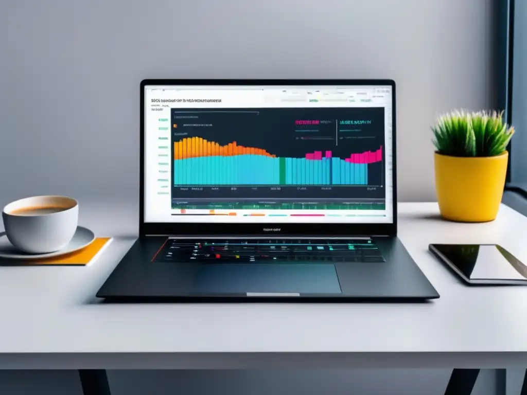 Laptop minimalista en un escritorio blanco con gráfica de datos y herramientas de optimización para afiliados