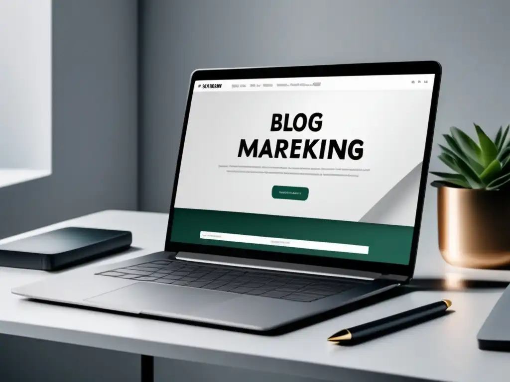 Laptop minimalista y profesional con blog de estrategias de marketing de afiliados