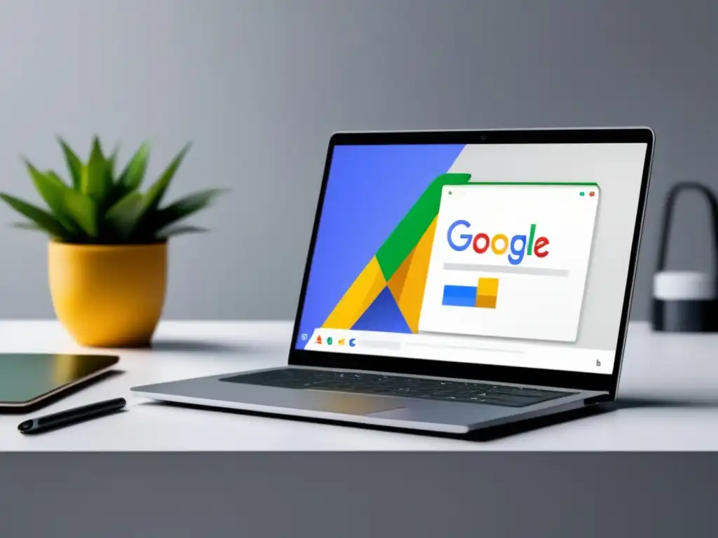 Laptop minimalista con pantalla vibrante y logo de Google Adsense, ideal para ganancias en marketing de afiliados