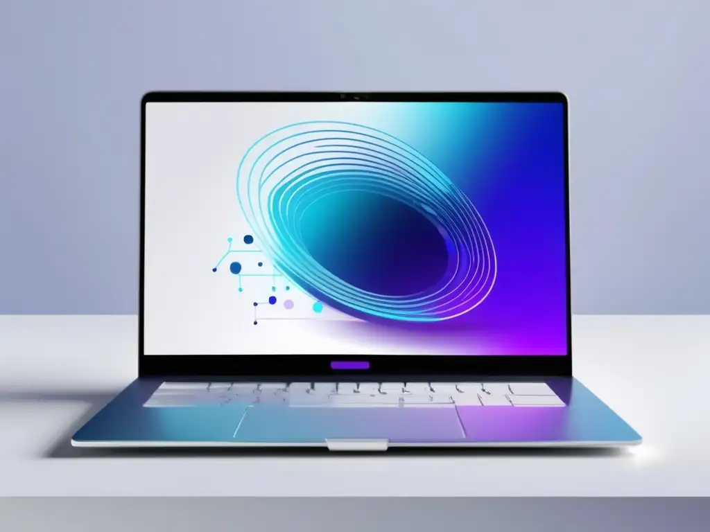 Laptop minimalista en un escritorio blanco con arte abstracto de marketing de afiliados en azules y morados