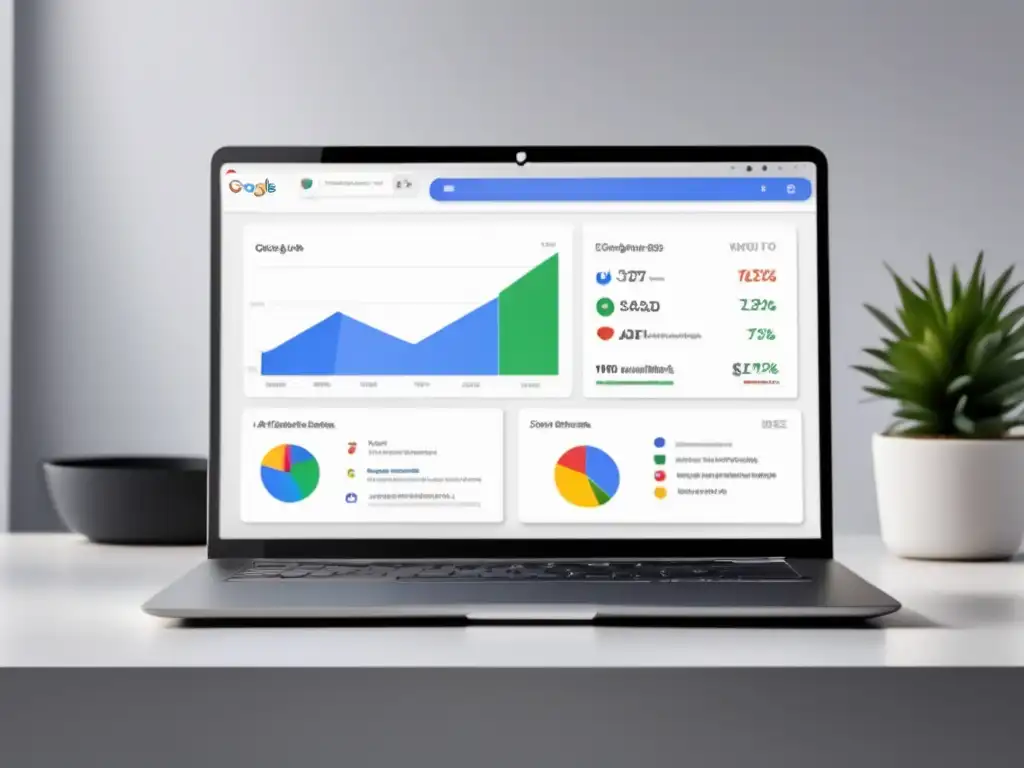 Laptop en escritorio blanco con Google Ads mostrando estrategias de ventas de afiliados