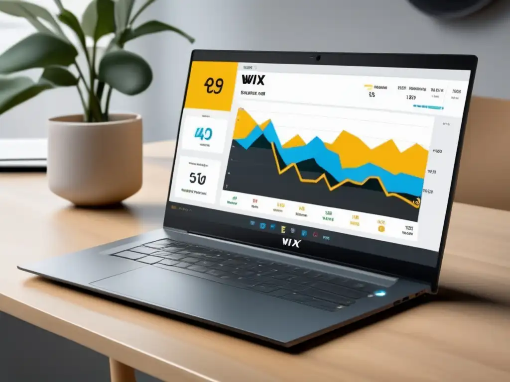 Laptop minimalista con logo de Wix en pantalla; programa de afiliados de Wix con estadísticas y ganancias