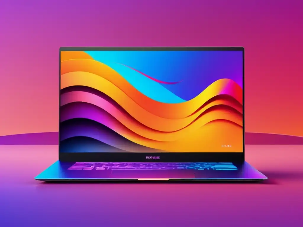 Laptop minimalista con pantalla 8k mostrando paisaje digital y símbolos de ecommerce y programas de afiliados