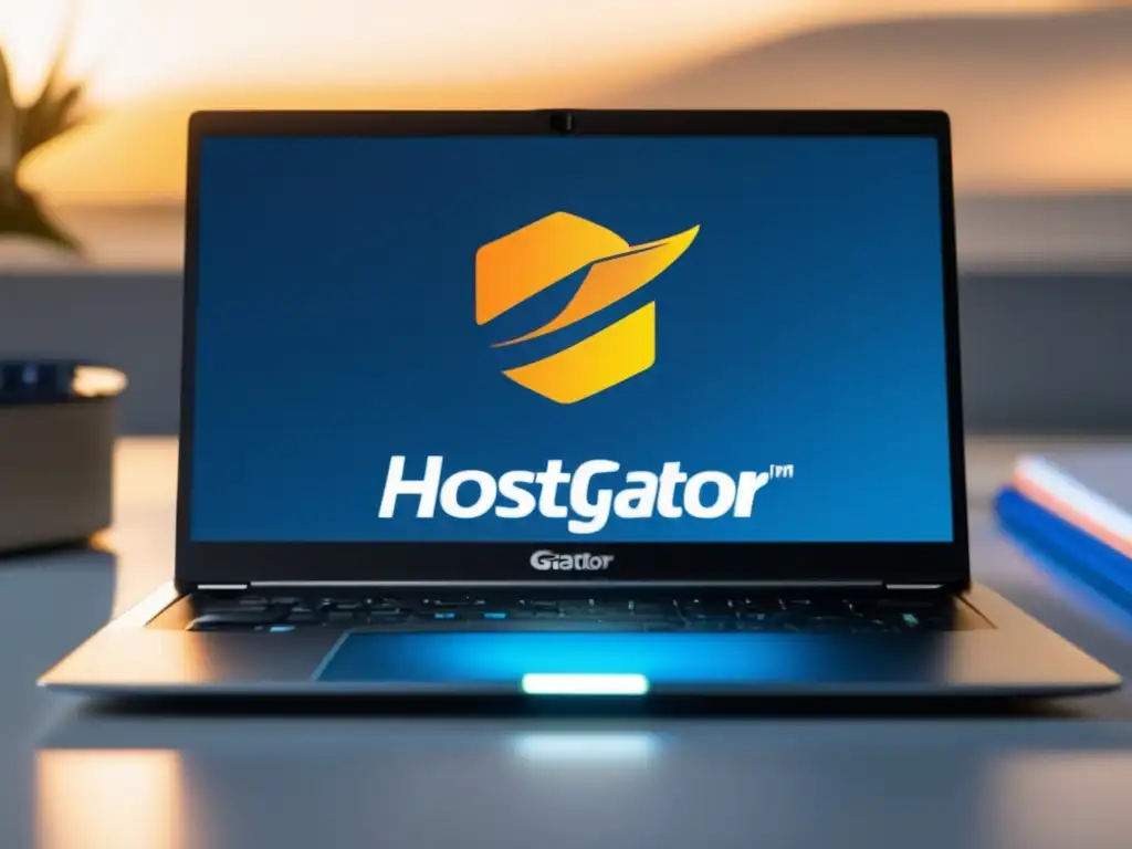 Laptop minimalista con logo de HostGator y elementos de oficina en un escritorio blanco - Programa de afiliados de HostGator