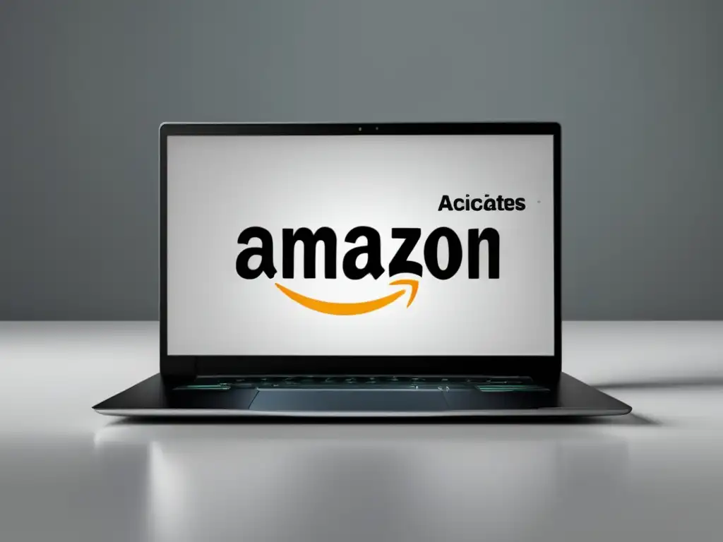 Un laptop minimalista con el logo de Amazon Associates en su pantalla, representando el programa de afiliados número uno