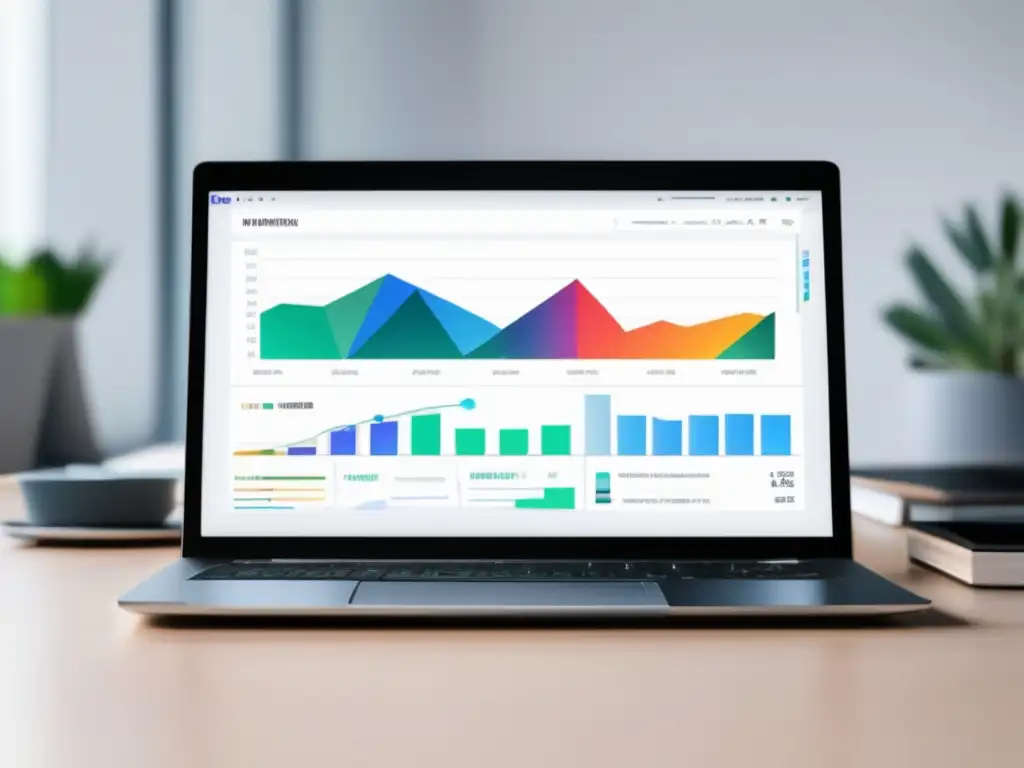 Laptop minimalista con pantalla vibrante mostrando métricas y datos de marketing de afiliados