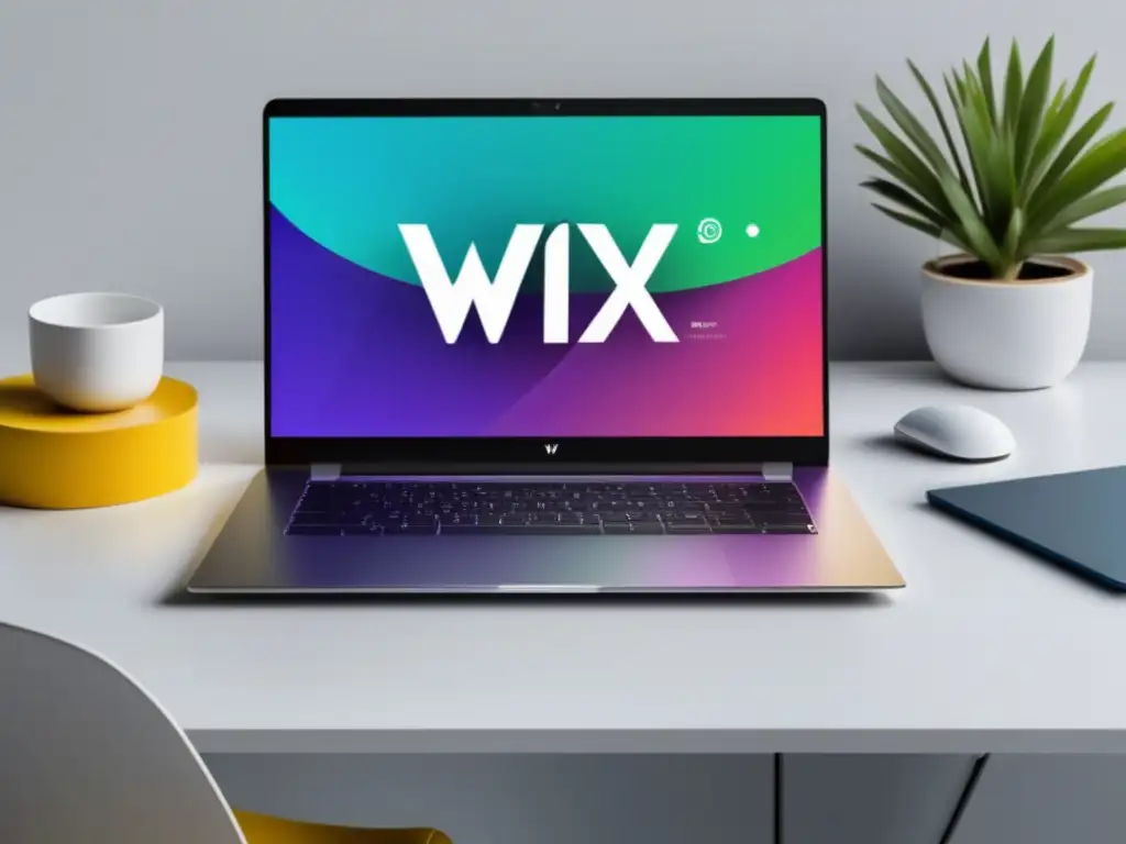 Laptop minimalista en un escritorio blanco con logo de Wix y productos promocionales