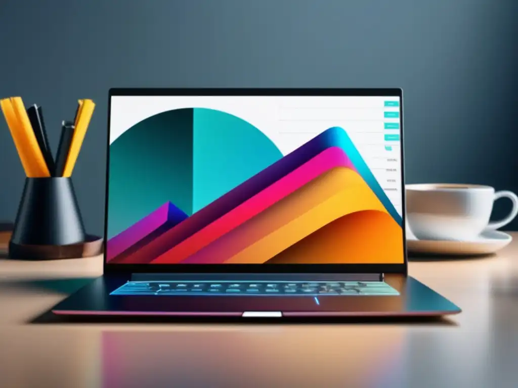 Laptop minimalista con pantalla vibrante y gráfico de marketing de afiliados