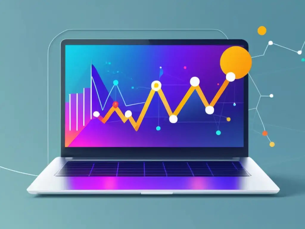 Laptop moderno y minimalista con gráfica dinámica y fondo vibrante - Herramientas de marketing de afiliados