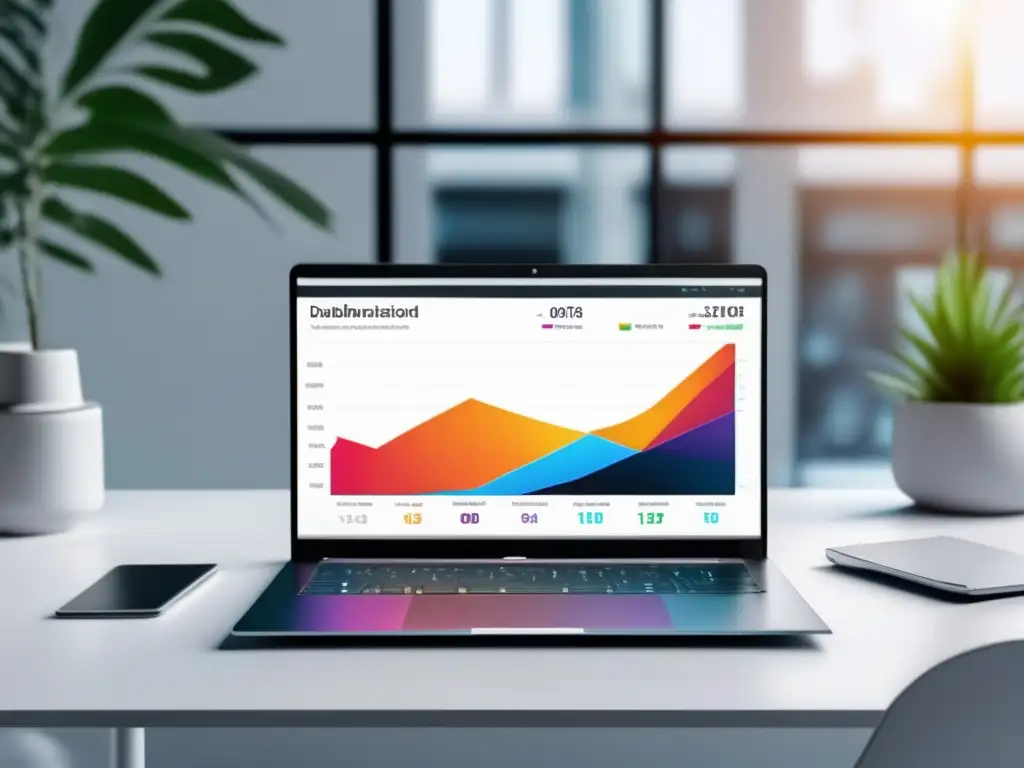 Laptop moderno en un escritorio blanco con un atractivo dashboard de marketing de afiliados