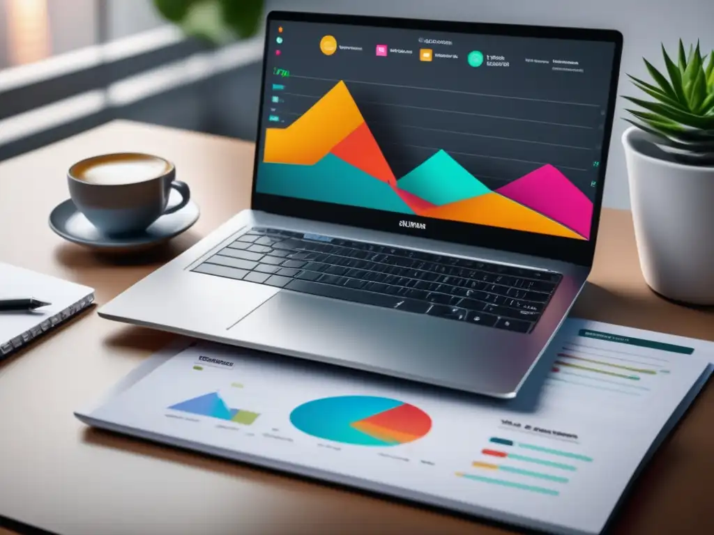 Plataforma de afiliados con laptop moderno, dashboard y gráficos vibrantes que transmiten profesionalidad y eficiencia
