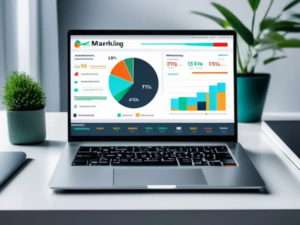 Laptop moderno en escritorio blanco con dashboard de marketing de afiliados y estrategias de contenido