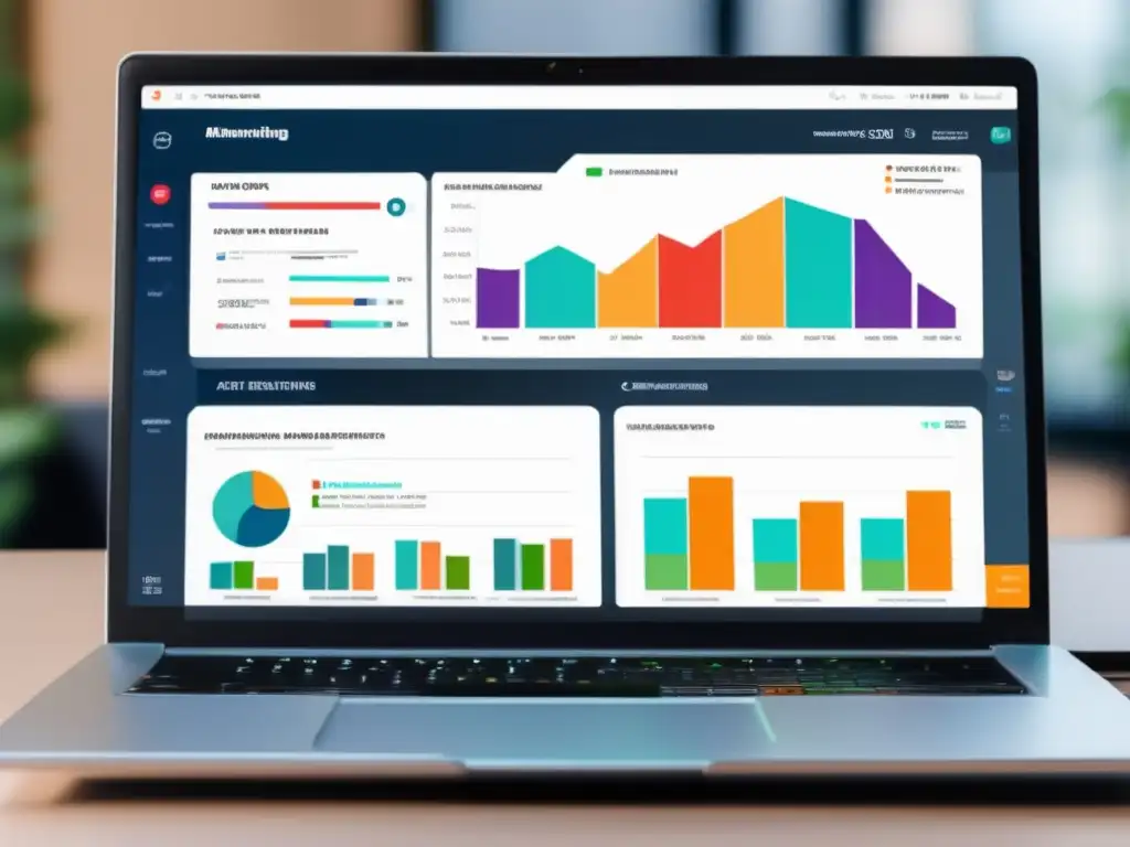 Laptop moderno con diseño minimalista mostrando un dashboard vibrante y efectivo para marketing de afiliados