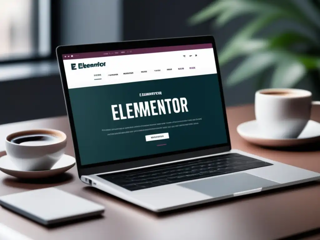 Laptop moderno en un escritorio minimalista con el Programa de Afiliados de Elementor