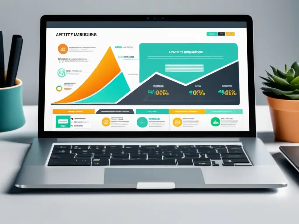 Laptop en escritorio blanco con infografía de estrategias de marketing de afiliados