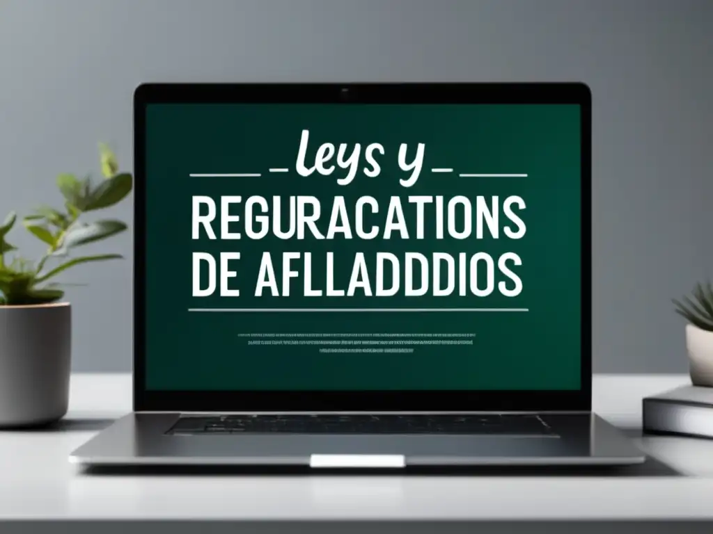 Laptop moderno en escritorio minimalista con página sobre leyes y regulaciones en marketing de afiliados