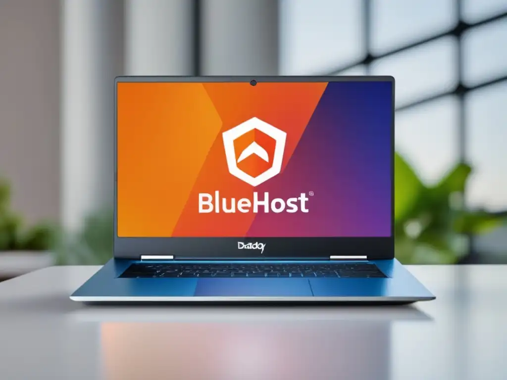 Laptop moderno con diseño minimalista y logos de Bluehost, SiteGround y GoDaddy