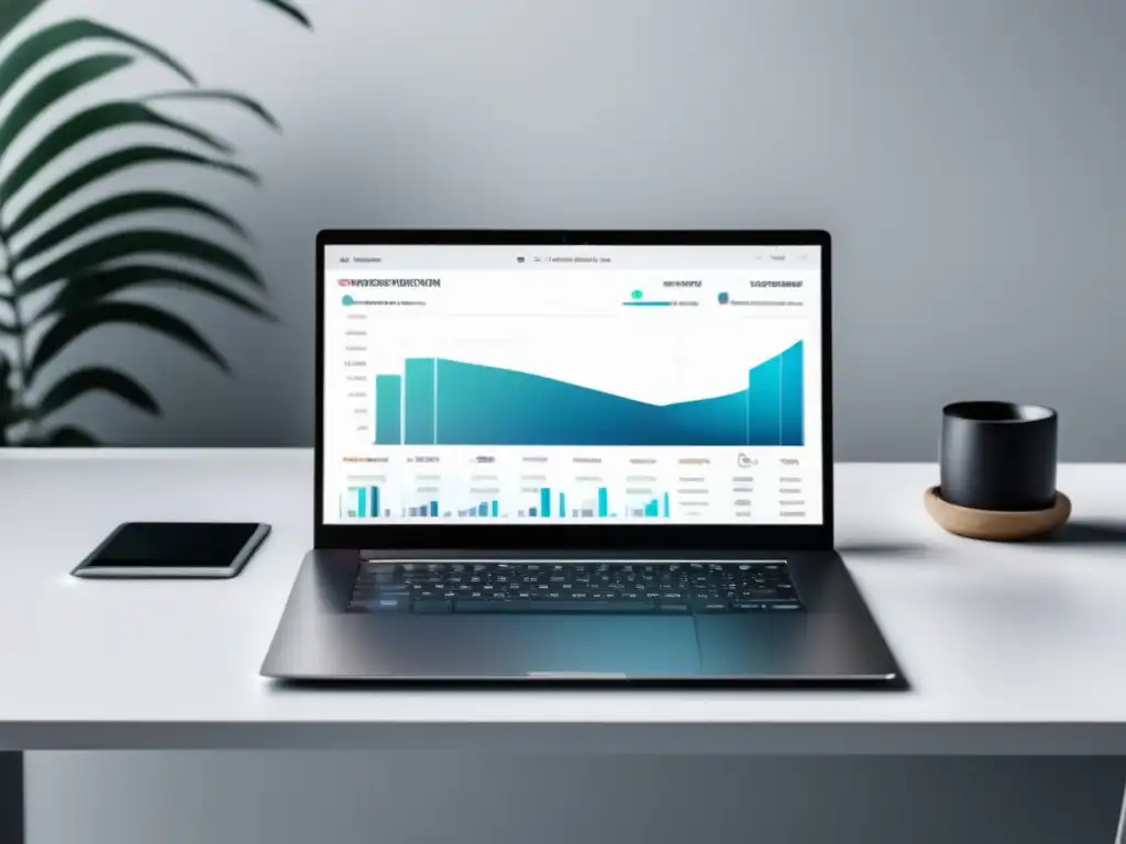 Laptop moderno en un escritorio blanco con herramientas de optimización de conversiones para marketing de afiliados