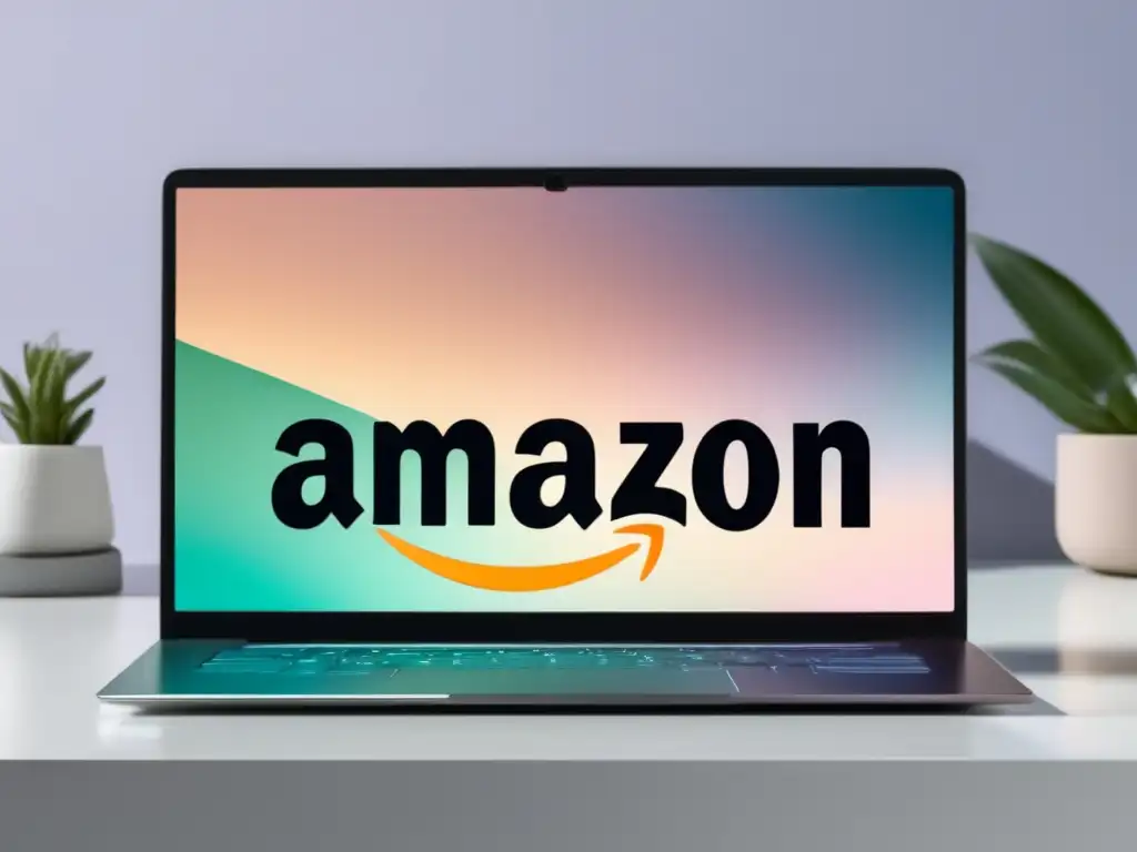 Laptop minimalista con diseño moderno y teclado retroiluminado, muestra logo de Amazon y gráfico de crecimiento