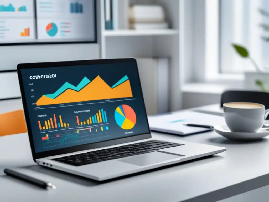 Laptop moderno con gráficos de conversión, estrategias de optimización y marketing de afiliados