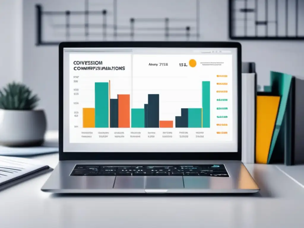 Laptop moderno en escritorio blanco con gráfico de análisis de datos en marketing de afiliados