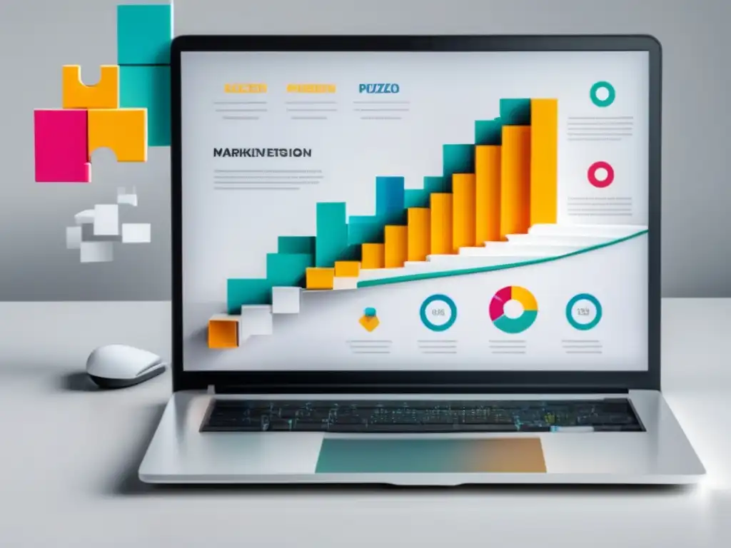 Herramientas de optimización en marketing de afiliados: laptop blanco, gráfico vibrante, piezas de rompecabezas