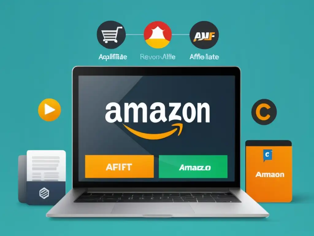 Laptop moderno con pantalla dividida y logos de Wealthy Affiliate, Amazon Associates, ClickBank y CJ Affiliate