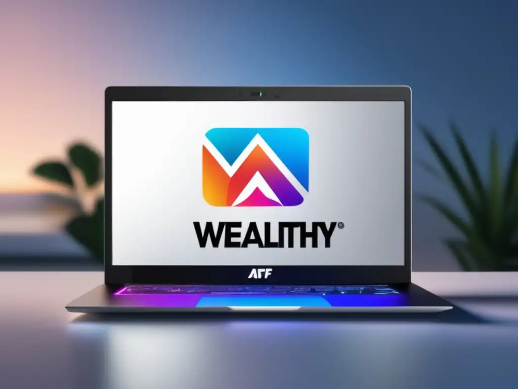 Laptop moderno de Wealthy Affiliate, con pantalla vibrante, diseño minimalista y beneficios destacados