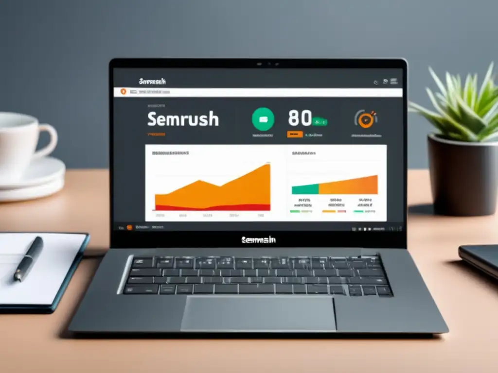 Imagen de alta resolución: laptop moderno en escritorio minimalista, pantalla muestra el programa de afiliados de SemRush