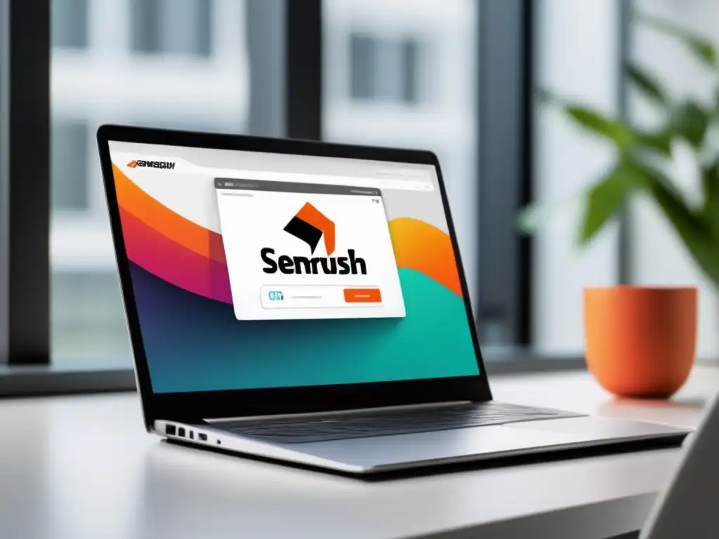 Laptop moderno en escritorio blanco con logo SEMRush