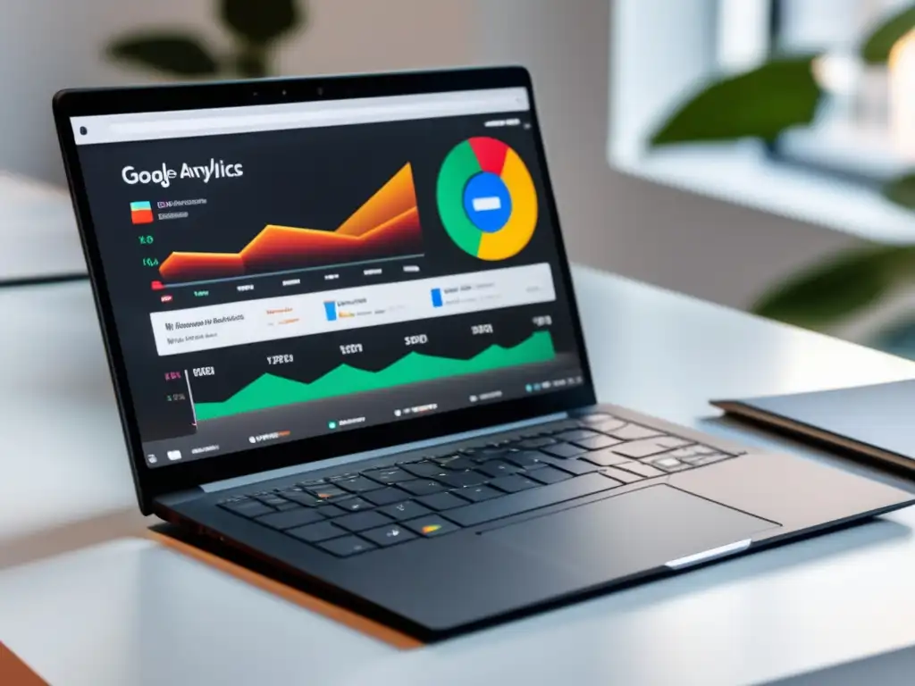 Laptop moderno en una mesa blanca, pantalla muestra dashboard Google Analytics con métricas SEO para marketing de afiliados