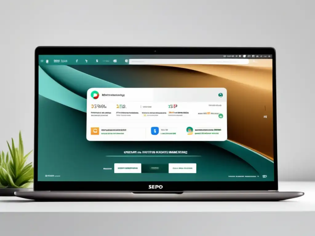 Laptop moderno con diseño minimalista muestra SERP con estrategias de SEO para marketing de afiliados