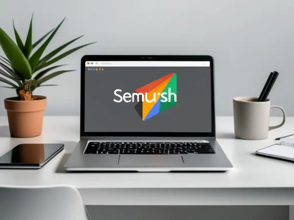 Imagen: Laptop moderno con logos de Google Analytics, Search Console y SEMrush en pantalla, sobre escritorio blanco